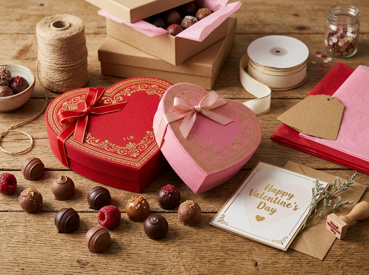 Traditional heart-shaped candy boxes in various sizes with chocolates