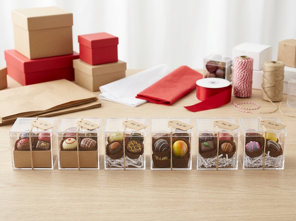 Clear acrylic boxes filled with artisan chocolates on retail display