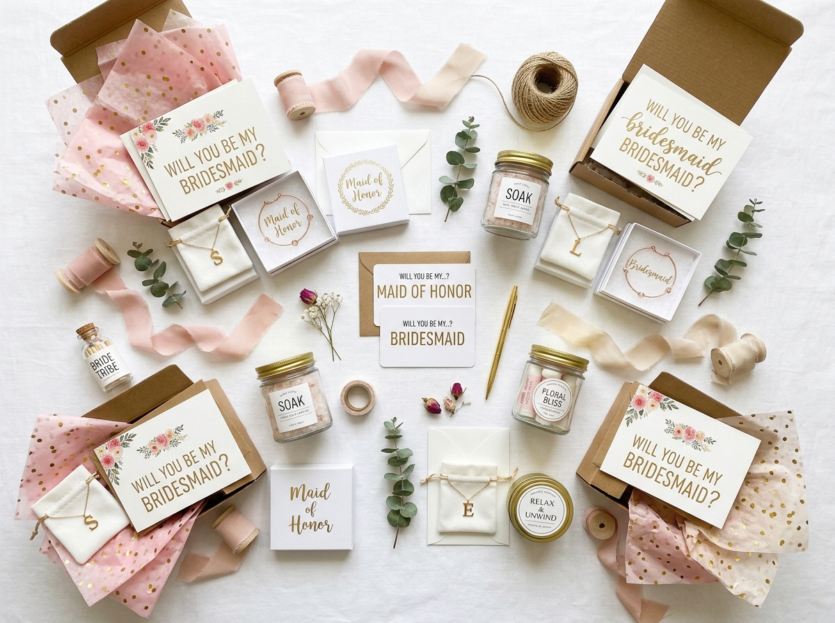 DIY bridesmaid proposal box with personalized jewelry, handwritten note, and coordinating tissue paper in blush and gold