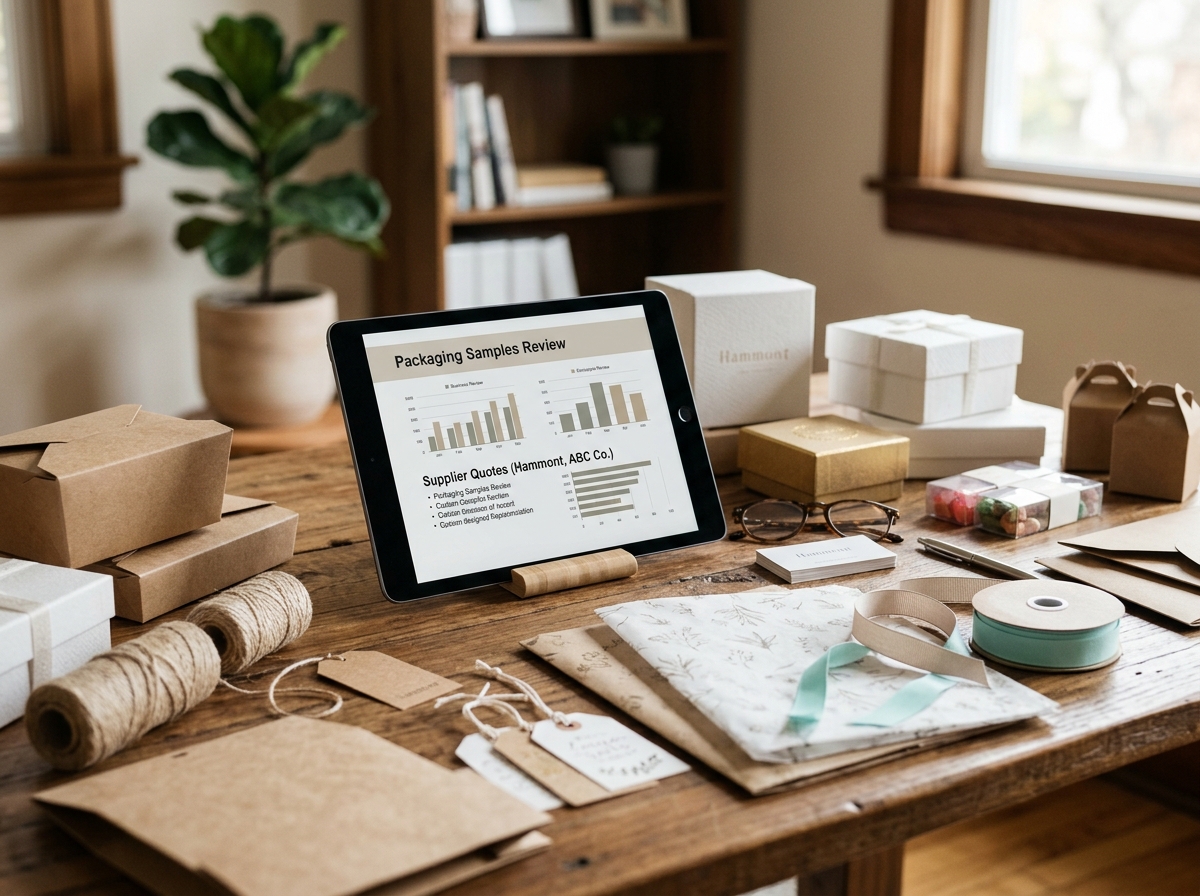 Business owner reviewing packaging samples and supplier quotes