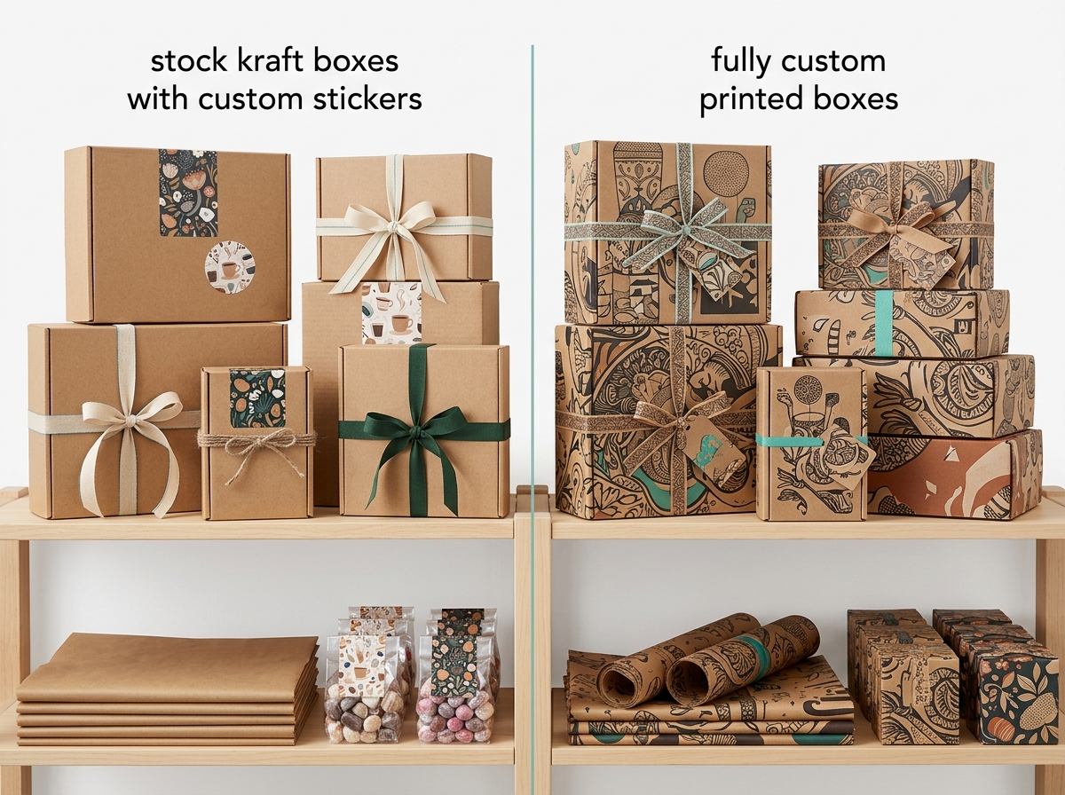 Stock kraft boxes with custom stickers compared to fully custom printed boxes