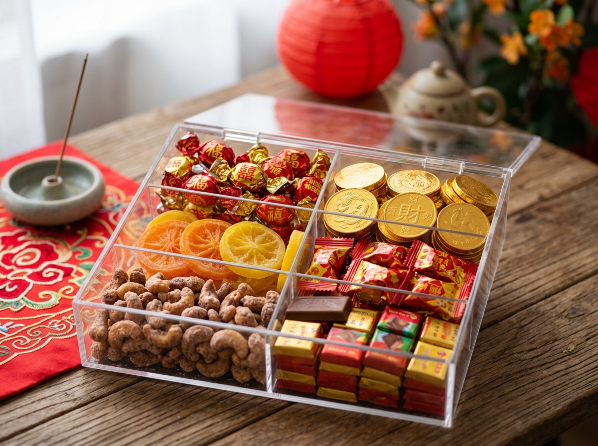 Clear acrylic compartment box filled with Lunar New Year candies in red and gold wrappers