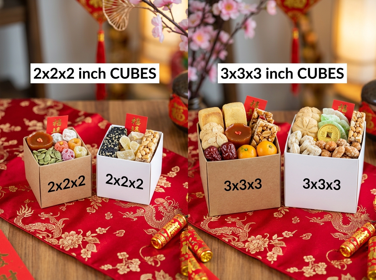 Comparison of small cube gift boxes in various sizes filled with Lunar New Year candies