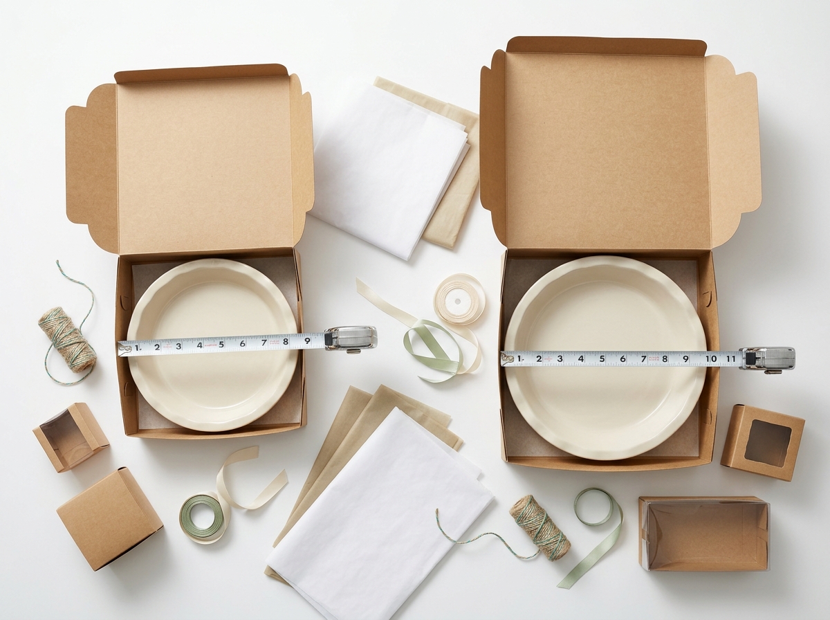 Overhead view of 9-inch and 10-inch pie boxes with measuring tape showing dimensions