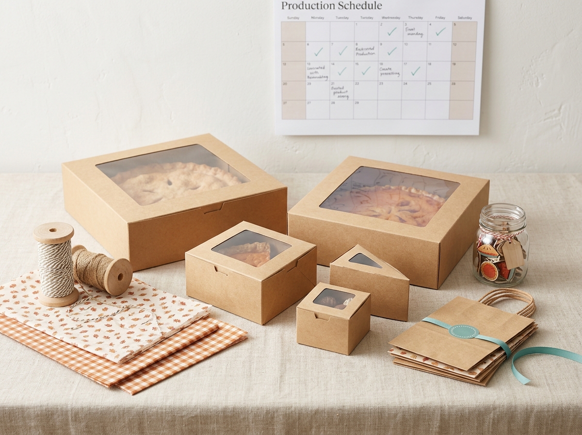 Bakery owner reviewing packaging order form with sample pie boxes