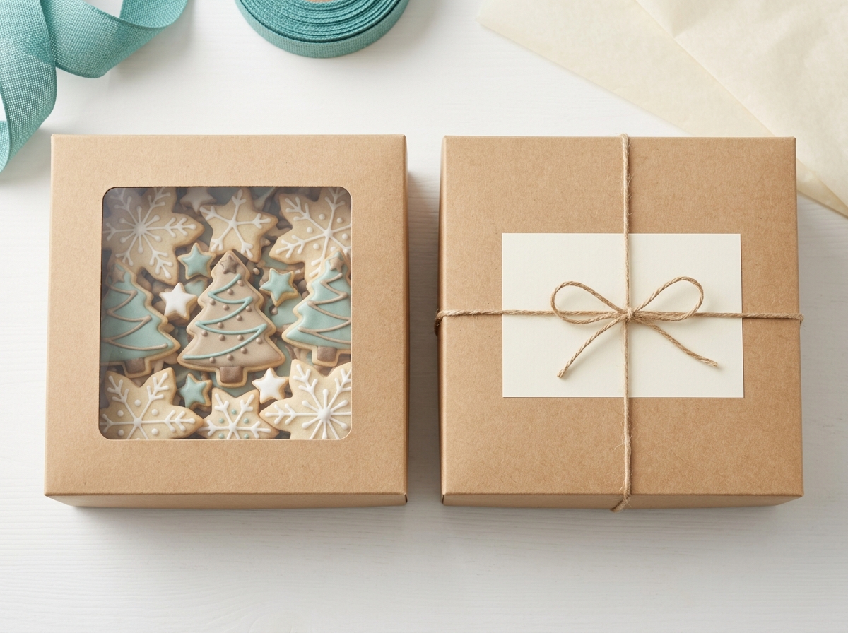 Window bakery box showing holiday cookies through clear panel next to closed kraft box
