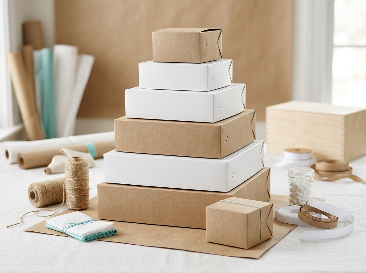 Stack of food-safe bakery boxes in multiple sizes showing kraft and white options