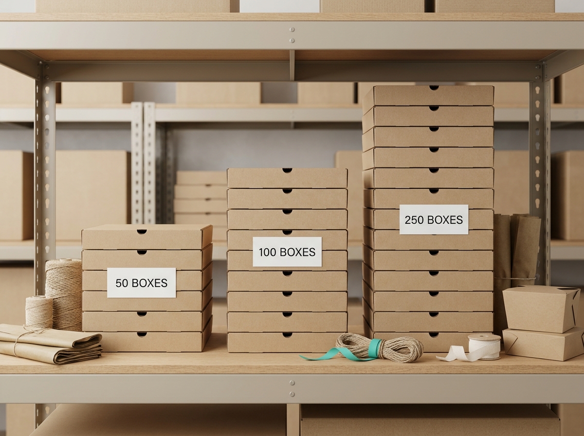 Comparison of pie box order volumes showing 50-unit, 100-unit, and 250-unit stacks