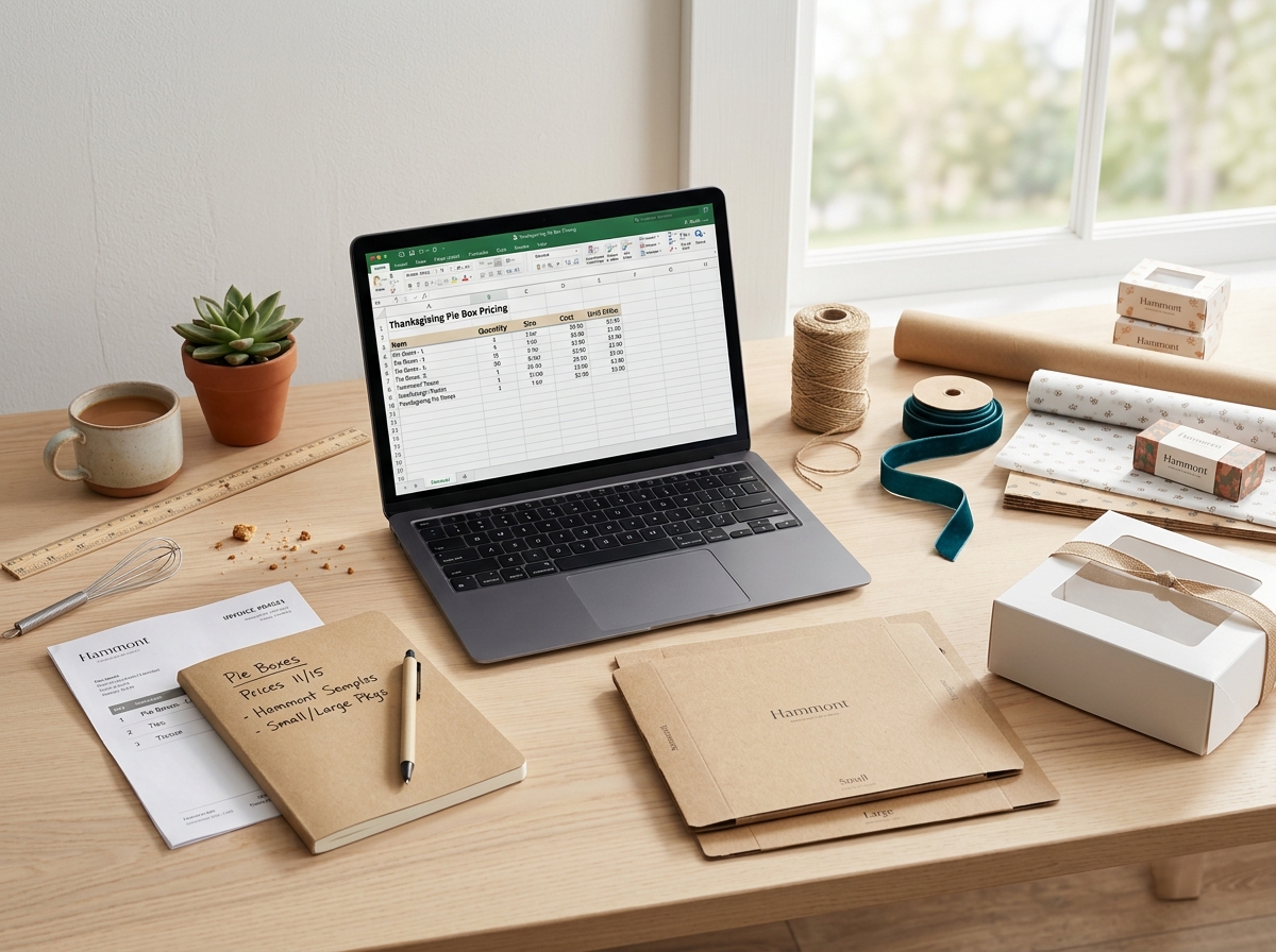 Bakery owner calculating pie box costs with invoice and spreadsheet
