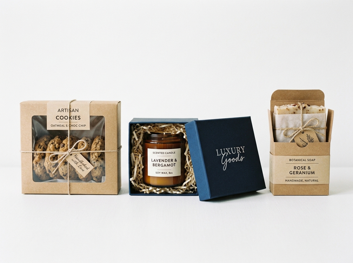 Comparison of bakery gift box styles including window boxes with cookies, tuck-top boxes with brownies, and cake boxes with decorated cupcakes